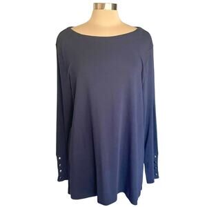 Chico's Navy Blue Knit Tunic Boat Neck Snap Cuff XXL Pima Cotton Fall Casual